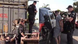 On the left, police conduct a search at the train tracks near Valencia Drive and Euclid Street in Fullerton on Oct. 23, 2019. On the right, an officer detains a burglary suspect. (Credit: OC Hawk)