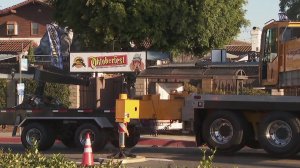 An Oktoberfest sign at Old World Village’s German Restaurant in Huntington Beach is seen on Oct. 7, 2019, two days after an explosion rattled the celebration. (Credit: KTLA)