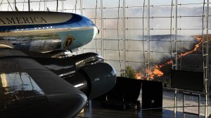 President Ronald Reagan's Air Force One sits on display at the Regan Library as the Easy Fire burns in Simi Valley on Oct. 30, 2019. (Credit: Wally Skalij / Los Angeles Times)