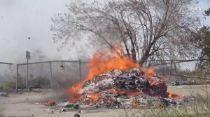 The spot where a garbage truck dumped a burning load, sparking the Sandalwood Fire that destroyed several residences in Calimesa on Oct. 10, 2019. (Credit: KTLA)