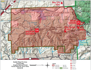 The map shows sections of the Angeles National Forest that are closed due to the Saddleridge fire. (Credit: Angeles National Forest)