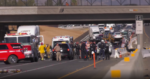 Law enforcement close off interstate 215 after an officer was injured in a crash in the Grand Terrace area on Oct. 22, 2019. (Credit: RMG News)