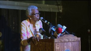 Jewel Thais-Williams speaks during an event to dedicate a square in the Arlington Heights neighborhood of Los Angeles in her name on Oct. 5, 2019. (Credit: KTLA)