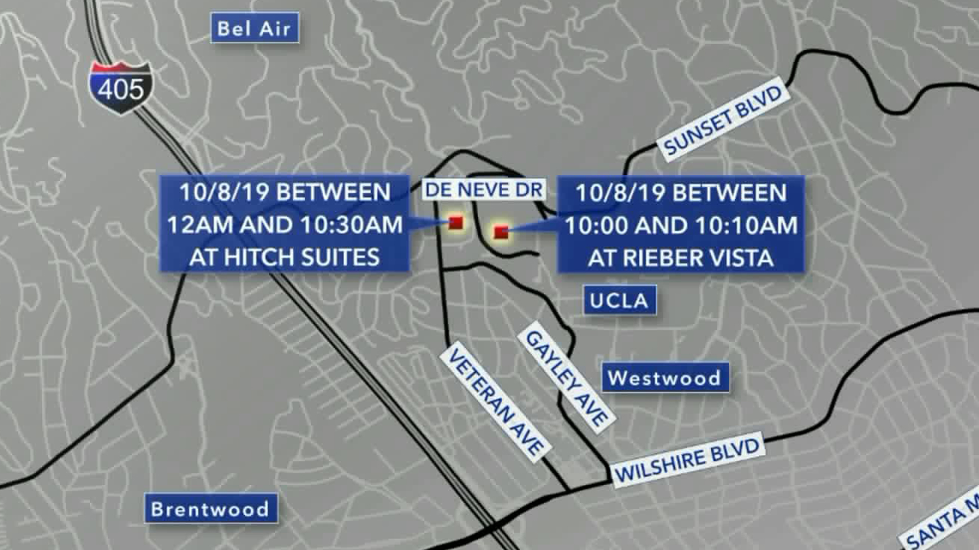The locations of the burglaries are seen in this map. (Credit: KTLA)