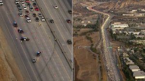 Officials assess the scene of a deadly crash on the southbound 5 Freeway in the Granada Hills area on Nov. 8, 2019. (Credit: Sky5)