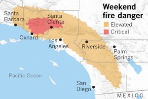A map of Southern California areas that are at risk of wind-driven wildfires this weekend. (Credit: Paul Duginski / Los Angeles Times)