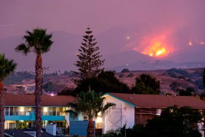 The Cave Fire burns a hillside above houses in Santa Barbara on Nov. 26, 2019. (Credit: KYLE GRILLOT/AFP via Getty Images)