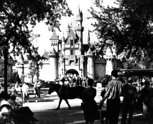 Tourists visiting the medieval 'Sleeping Beauty Castle' at Disneyland circa 1960. (Credit: Keystone/Getty Images)