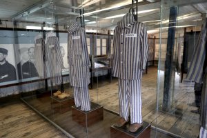 Striped uniforms on display at the Stutthof concentration camp are seen on July 18, 2017, in Gdansk, Poland. (Credit: Chris Jackson/Getty Images)