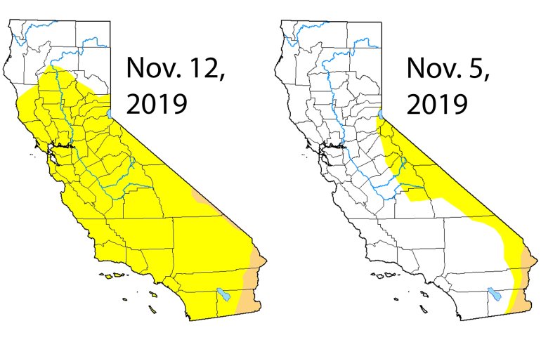 Maps provided by the U.S. Drought Monitor show how much of California is considered abnormally dry, in bright yellow. The week of Nov 12, 2019, is the on left, while the previous week, Nov. 5, 2019, is on the right.