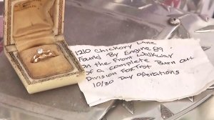 An heirloom ring that survived when a Brentwood home was destroyed by the Getty Fire is displayed at a fire station in Sawtelle on Nov. 5, 2019. (Credit: KTLA)