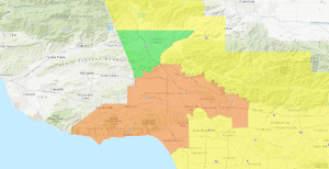 Regions highlighted in orange show where officials measured air quality levels that are unsafe for sensitive groups on Nov. 11, 2019. (Credit: South Coast Air Quality Management District)