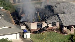 An Upland home was gutted after plane crashed into it and caught fire on Nov. 7, 2019. (Credit: KTLA)