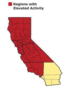 A map shows flu activity in California for the week of Nov. 10 through Nov. 16, which is when DDPH released its last report.