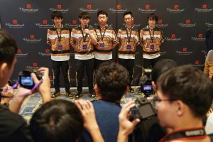 Dota 2 players of team RNG posing for a group photo on Aug. 19, 2019 shows  (Credit: STR/Getty)