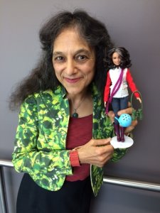 Nalini Nadkarni, a forest ecologist at the University of Utah, poses with her Barbie doppelgänger in 2019. (Credit: Nalini Nadkarni via University of Utah)