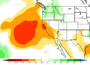 A map from the National Oceanic and Atmospheric Administration shows the precipitation anomaly forecast for January through March 2020.