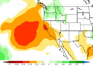 A map from the National Oceanic and Atmospheric Administration shows the precipitation anomaly forecast for January through March 2020.
