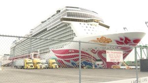 The Norwegian Joy is docked at the Port of Los Angeles on Dec. 1, 2019, when more than a dozen people aboard were reported ill. (Credit: KTLA)