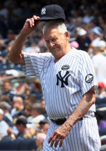 Former New York Yankee Don Larsen is introduced during the teams 64th Old-Timer's Day before the MLB game against the Tampa Bay Rays on July 17, 2010 at Yankee Stadium in the Bronx borough of New York City. (Credit: Jim McIsaac/Getty Images)