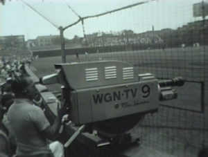 A WGN-TV 9 camera inside Wrigley Field before a game on July 27, 1962.