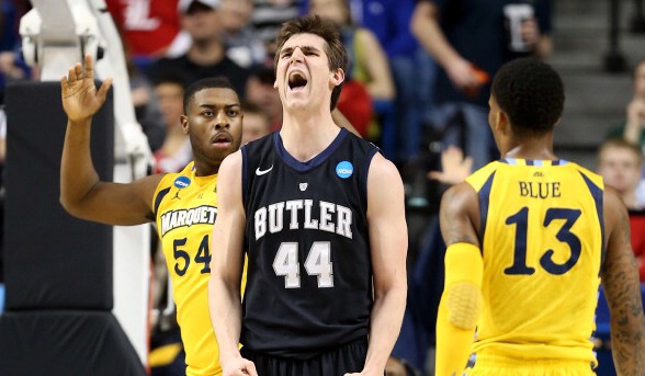 Andrew Smith #44 of the Butler Bulldogs reacts after a play against the Marquette Golden Eagles in the first half during the third round of the 2013 NCAA Men's Basketball Tournament at Rupp Arena on March 23, 2013 in Lexington, Kentucky. (Photo by Andy Lyons/Getty Images)