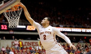 Iowa State forward Abdel Nader (2) dunks over Oklahoma State forward Mitchell Solomon during the second half of an NCAA college basketball game, Monday, Feb. 29, 2016, in Ames, Iowa. (AP Photo/Charlie Neibergall) ORG XMIT: IACN110