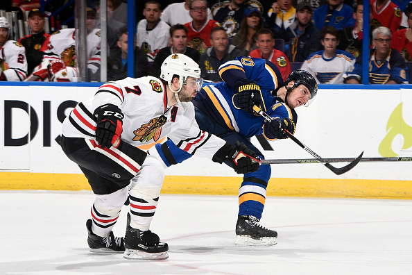 Alexander Steen #20 of the St. Louis Blues shoots as Brent Seabrook #7 of the Chicago Blackhawks defends in Game Seven of the Western Conference First Round during the 2016 NHL Stanley Cup Playoffs at the Scottrade Center on April 25, 2016 in St. Louis, Missouri. (Photo by Scott Rovak/NHLI via Getty Images)