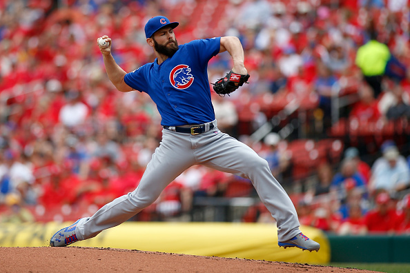Jake Arrieta #49 of the Chicago Cubs pitches against the St. Louis Cardinals during the first inning at Busch Stadium on May 25, 2016 in St. Louis, Missouri. (Photo by Scott Kane/Getty Images)