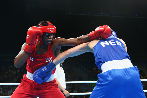 Claressa Maria Shields of the United States and Nouchka Fontijn of the Netherlands compete during the Women's Middle (69-75kg) Final Bout on Day 16 of the Rio 2016 Olympic Games at Riocentro - Pavilion 6 on August 21, 2016 in Rio de Janeiro, Brazil. (Photo by Alex Livesey/Getty Images)