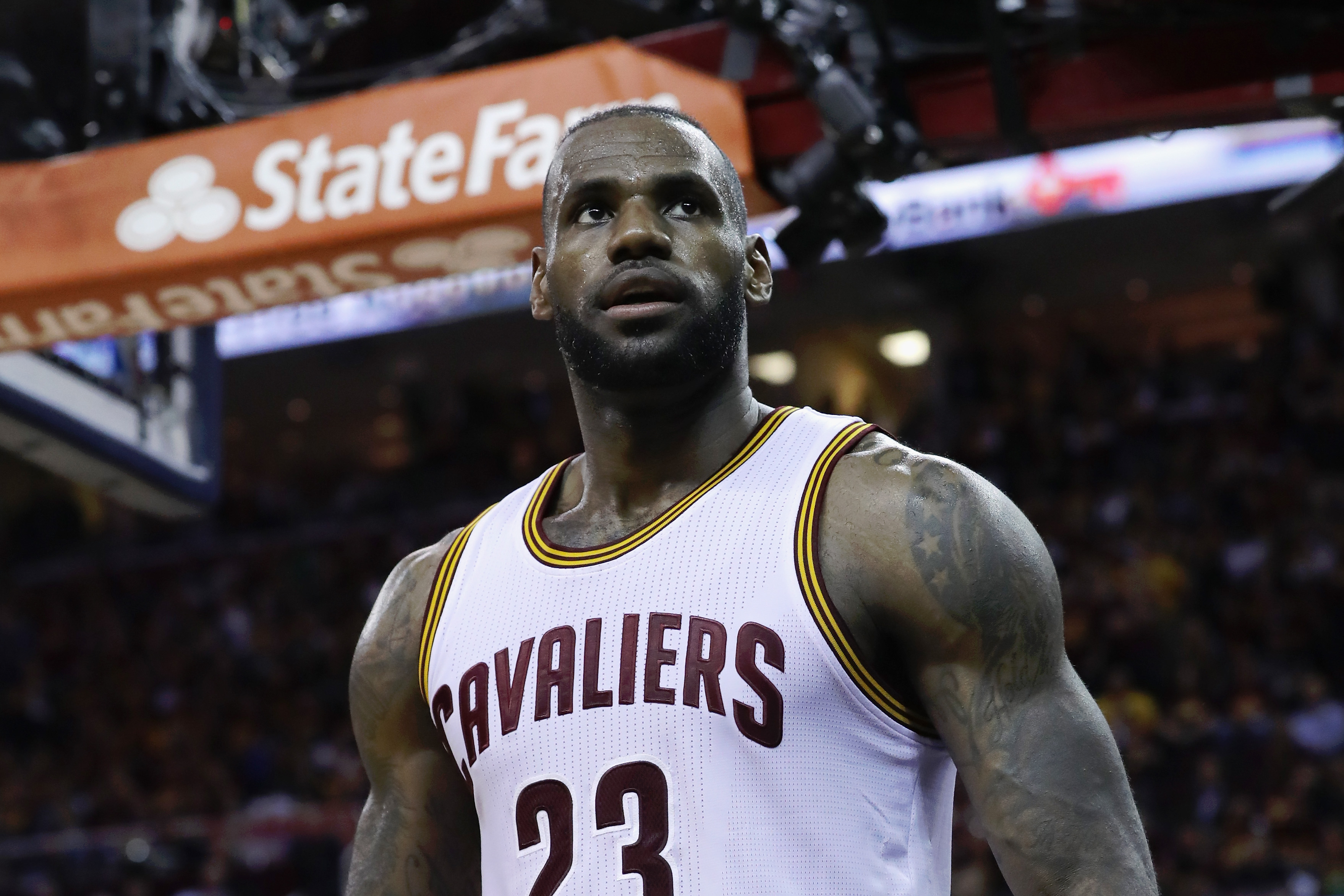 CLEVELAND, OH - JUNE 10: LeBron James #23 of the Cleveland Cavaliers reacts during the second half against the Golden State Warriors in Game 4 of the 2016 NBA Finals at Quicken Loans Arena on June 10, 2016 in Cleveland, Ohio. NOTE TO USER: User expressly acknowledges and agrees that, by downloading and or using this photograph, User is consenting to the terms and conditions of the Getty Images License Agreement. (Photo by Ronald Martinez/Getty Images)