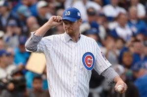 Former Chicago Cubs pitcher Kerry Wood is introduced prior to game four of the National League Division Series between the Chicago Cubs and the St. Louis Cardinals at Wrigley Field on October 13, 2015 in Chicago, Illinois. (Photo by David Banks/Getty Images)