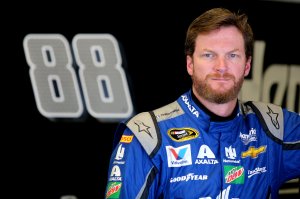 DAYTONA BEACH, FL - JUNE 30: Dale Earnhardt Jr., driver of the #88 Nationwide Chevrolet, stands in the garage area during practice for the NASCAR Sprint Cup Series Coke Zero 400 at Daytona International Speedway on June 30, 2016 in Daytona Beach, Florida. (Photo by Jerry Markland/Getty Images)