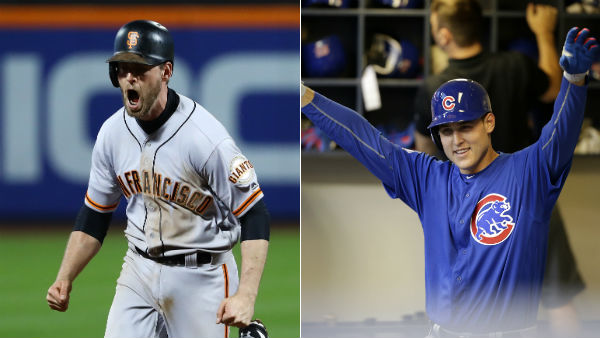 Giants' Conor Gillaspie (left) and Cubs' Anthony Rizzo