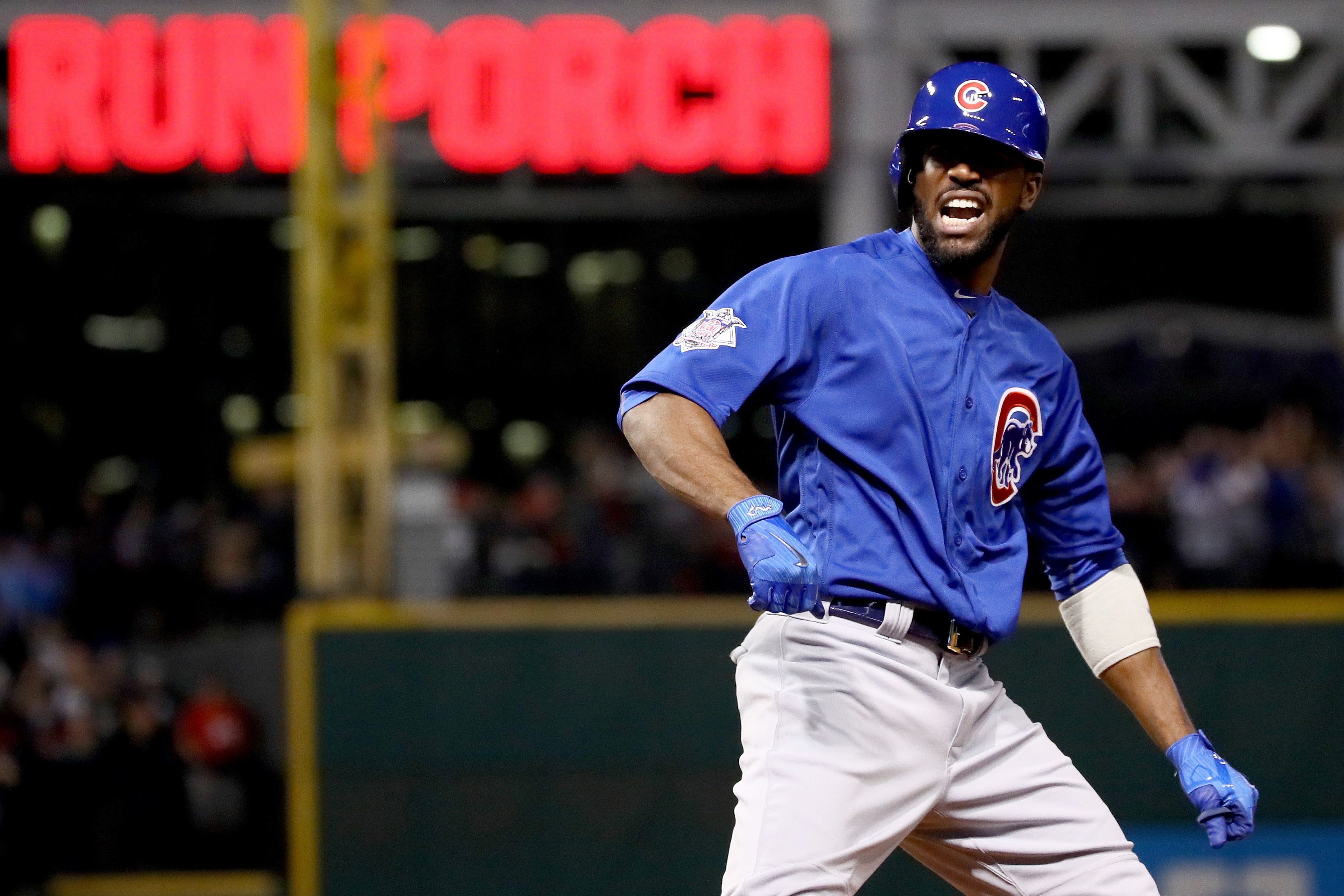 CLEVELAND, OH - NOVEMBER 02: Dexter Fowler #24 of the Chicago Cubs celebrates after hitting a lead off home run in the first inning against the Cleveland Indians in Game Seven of the 2016 World Series at Progressive Field on November 2, 2016 in Cleveland, Ohio. (Photo by Ezra Shaw/Getty Images)