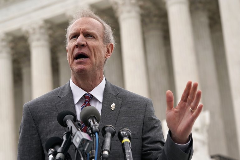 WASHINGTON, DC - FEBRUARY 26: Governor of Illinois Bruce Rauner speaks to members of the media in front of the U.S. Supreme Court after a hearing on February 26, 2018 in Washington, DC. The court is hearing the case, Janus v. AFSCME, to determine whether states violate their employees' First Amendment rights to require them to join public sector unions which they may not want to associate with.