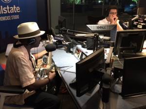 Fernando Jones (L) and Mike Stephen get a blues jam going in the Allstate Showcase Studio.