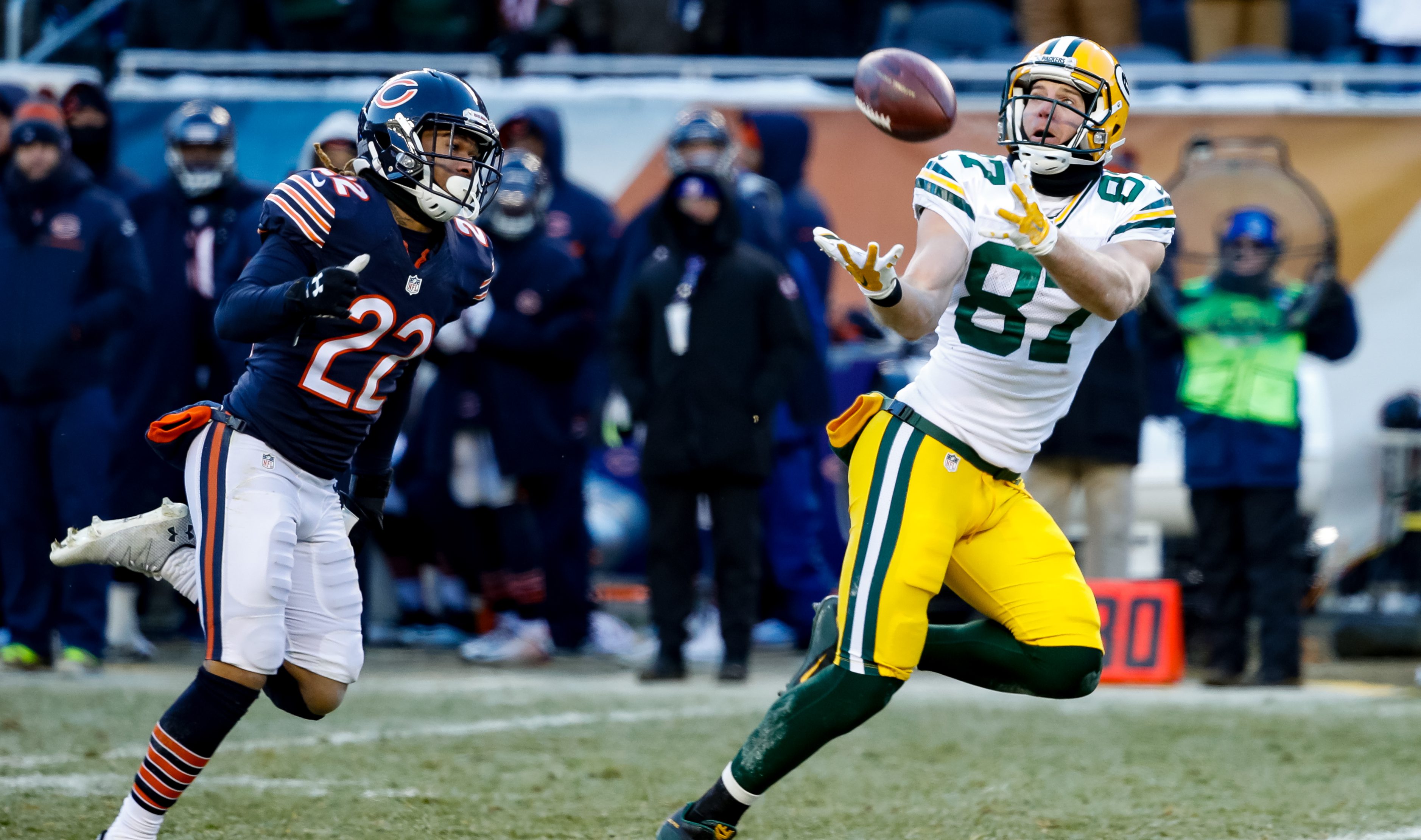 Cre'Von LeBlanc is beat by Jordy Nelson, setting up the Packers' game-winning field goal. (Photo by Joe Robbins/Getty Images)
