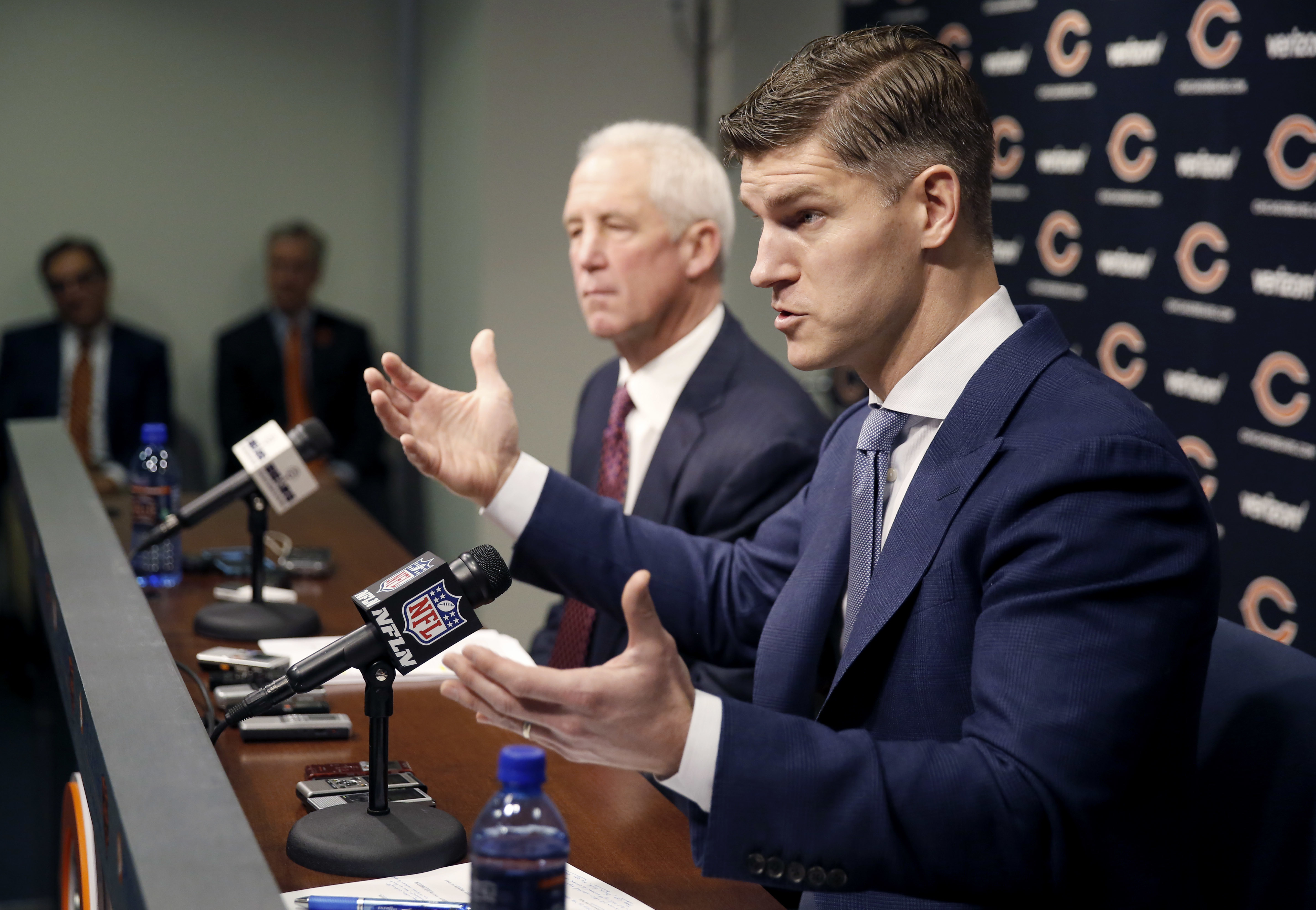 Chicago Bears general manager Ryan Pace, right, and coach John Fox talk to reporters during an end of season NFL football news conference Wednesday, Jan. 4, 2017, in Lake Forest, Ill. (AP Photo/Charles Rex Arbogast)