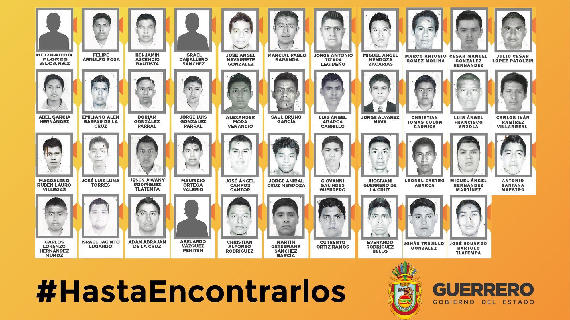Forty-three students remain missing after armed men ambushed buses carrying students in southern Mexico on on September 26 .The Mexican state of Guerrero posted images and offered a reward of 1 million pesos ($74,000) for information leading to the missing students. Images of three missing students were not available. Credit:Guerrero State Government