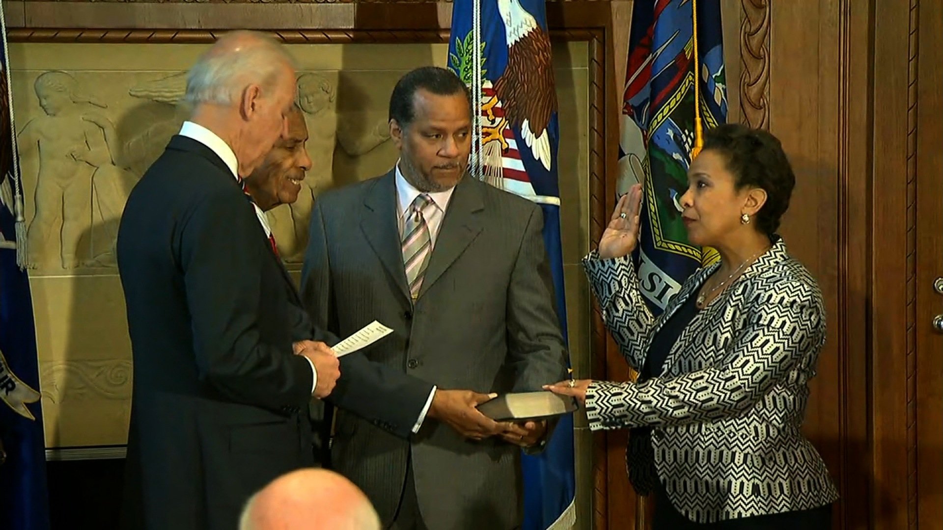 Loretta Lynch was sworn in as the new U.S. attorney general on Monday, replacing Eric Holder. Lynch, the country's first African-American woman to serve in the role, had her nomination held up more than five months over politicking in the Senate. "Ladies and gentlemen, it's about time," said Vice President Joe Biden at the swearing in ceremony. The Senate voted 56-43 on Thursday to confirm Lynch.