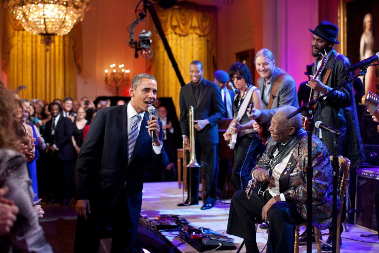 Riley B. King, the legendary guitarist known as B.B. King, whose velvety voice and staccato picking style brought blues from the margins to the mainstream, died Thursday night, May 14, 2015, his daughter said. He was 89. King was admitted to a Las Vegas hospital earlier in May, 2015 after suffering from dehydration, his daughter, Patty King said. His dehydration was caused by Type II diabetes. Photo: Egged on by B.B. King, at right, the President joins in singing 'Sweet Home Chicago' during the 'In Performance at the White House: Red, White and Blues' concert in the East Room on February 21, 2012.