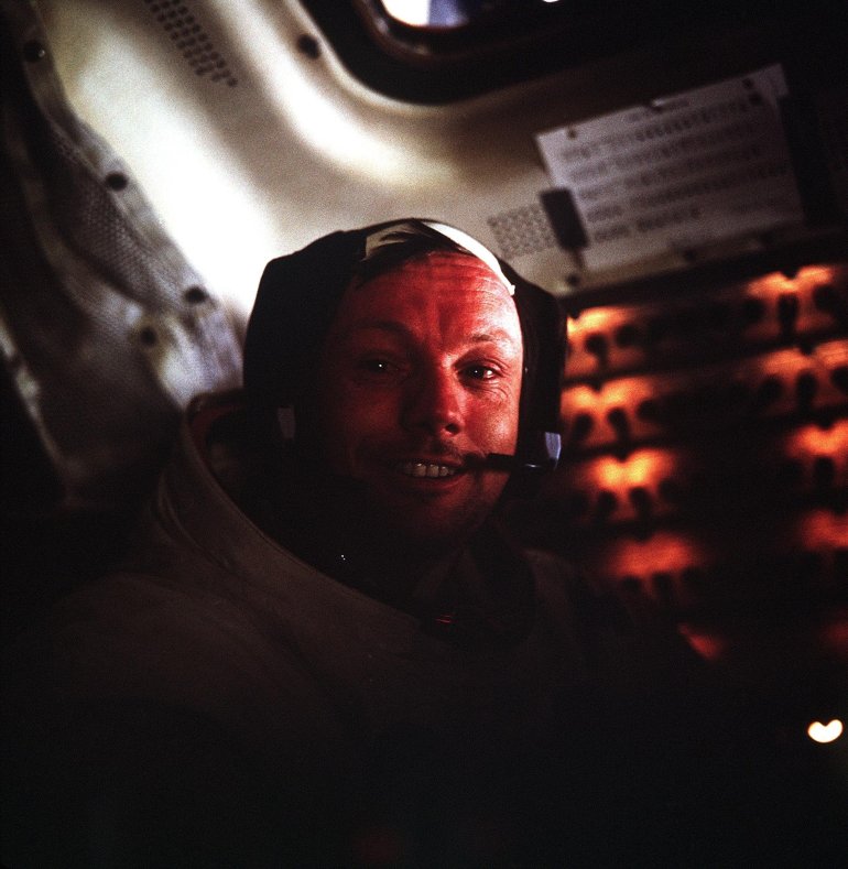 Astronaut Neil A. Armstrong, Apollo 11 Commander, inside the Lunar Module as it rests on the lunar surface after completion of his historic moonwalk.