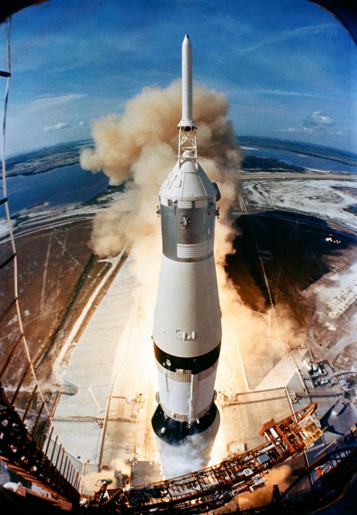 On July 16, 1969, the 363-feet tall Saturn V rocket launches on the Apollo 11 mission from Pad A, Launch Complex 39, Kennedy Space Center, at 9:32 a.m. EDT. Onboard the Apollo 11 spacecraft are astronauts Neil A. Armstrong, commander; Michael Collins, command module pilot; and Edwin E. Aldrin Jr., lunar module pilot. Apollo 11 was the United States' first lunar landing mission.