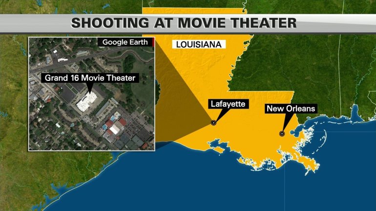A shooting at the Lafayette, Louisiana, Grand 16 movie theater left three people dead, including the gunman, and nine others injured, law enforcement said Thursday night, July 23, 2015. This map depicts where the shooting incident took place.