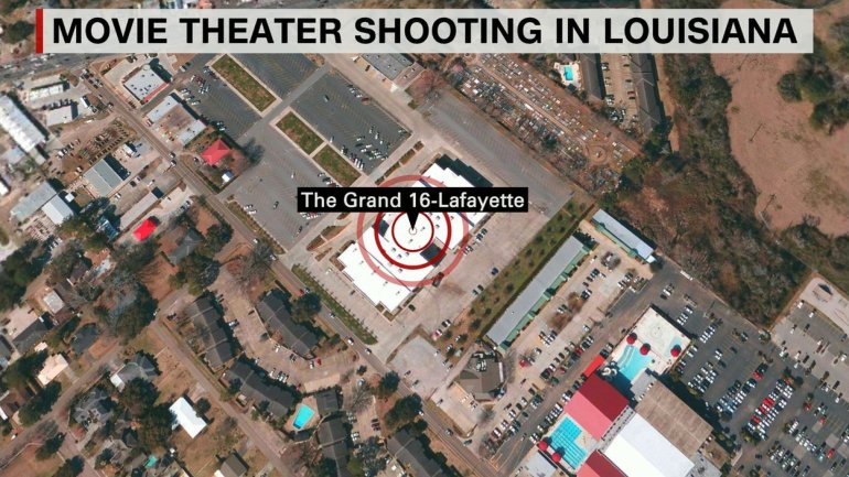 A shooting at the Lafayette, Louisiana, Grand 16 movie theater left three people dead, including the gunman, and nine others injured, law enforcement said Thursday night, July 23, 2015. This map depicts where the shooting incident took place.