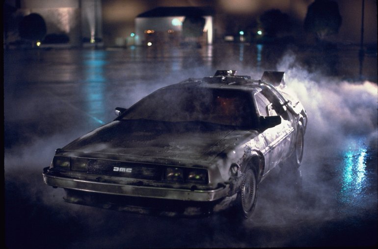 A scene photograph from the 1985 movie "Back to the Future." In the 1989 film "Back to the Future II," Marty McFly traveled to Oct. 21, 2015, a future with flying cars, auto-drying clothes and shoes that lace automatically.