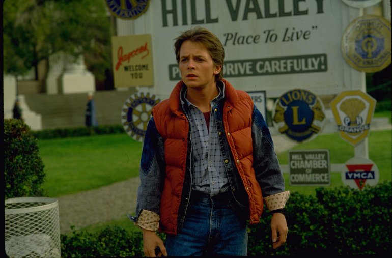 A scene photograph from the 1985 movie "Back to the Future." In the 1989 film "Back to the Future II," Marty McFly traveled to Oct. 21, 2015, a future with flying cars, auto-drying clothes and shoes that lace automatically.