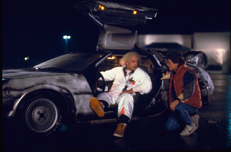 A scene photograph from the 1985 movie "Back to the Future." In the 1989 film "Back to the Future II," Marty McFly traveled to Oct. 21, 2015, a future with flying cars, auto-drying clothes and shoes that lace automatically.
