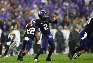 FORT WORTH, TX - NOVEMBER 27: Trevone Boykin #2 of the TCU Horned Frogs throws against the Baylor Bears in the first quarter at Amon G. Carter Stadium on November 27, 2015 in Fort Worth, Texas. (Photo by Ronald Martinez/Getty Images)
